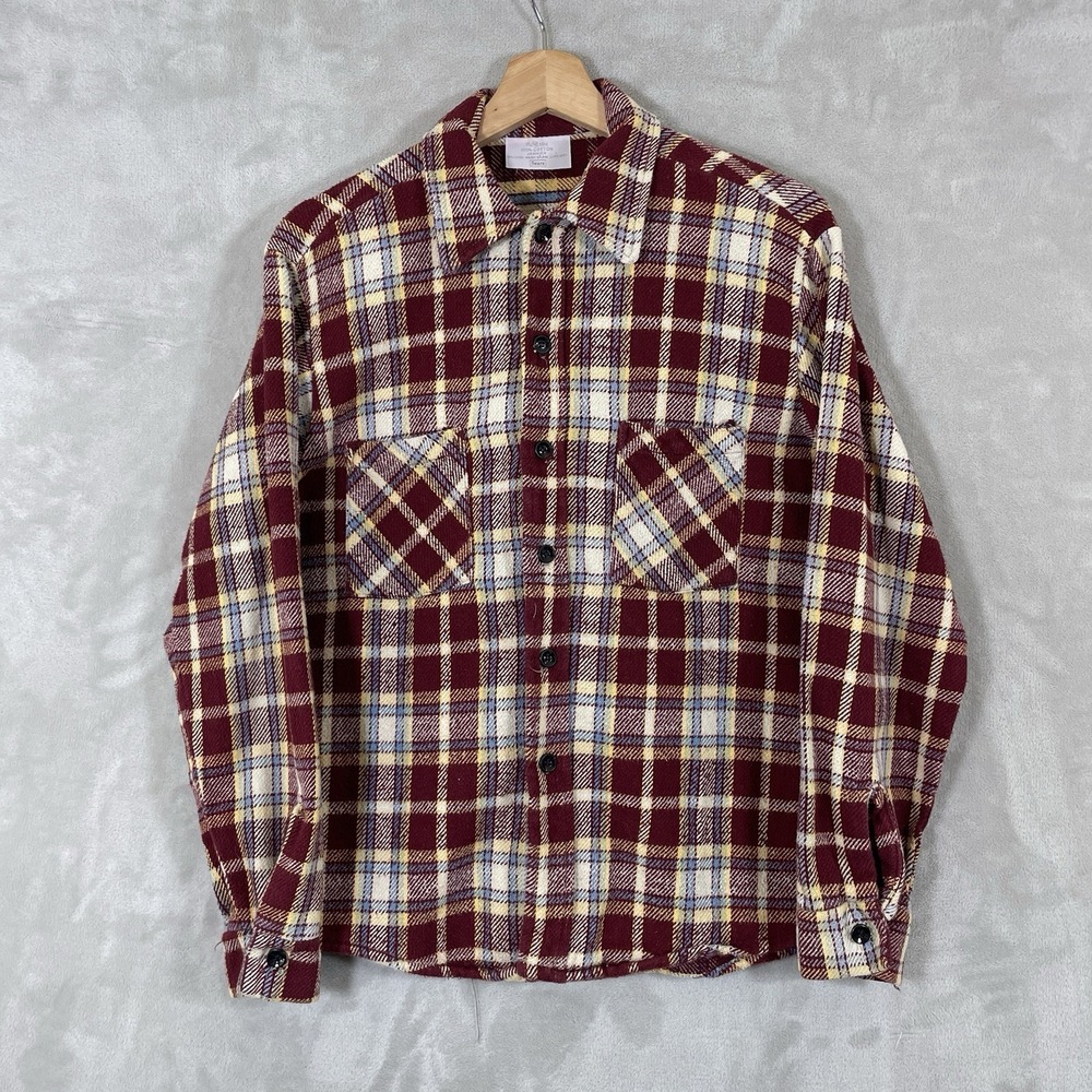 Vintage 70s Sears 100% All Cotton Flannel Shirt Mens M (fit S) Heavy Woven Plaid
